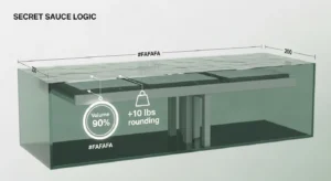 3D technical diagram showing aquarium volume calculator logic including water weight and floor load rounding.