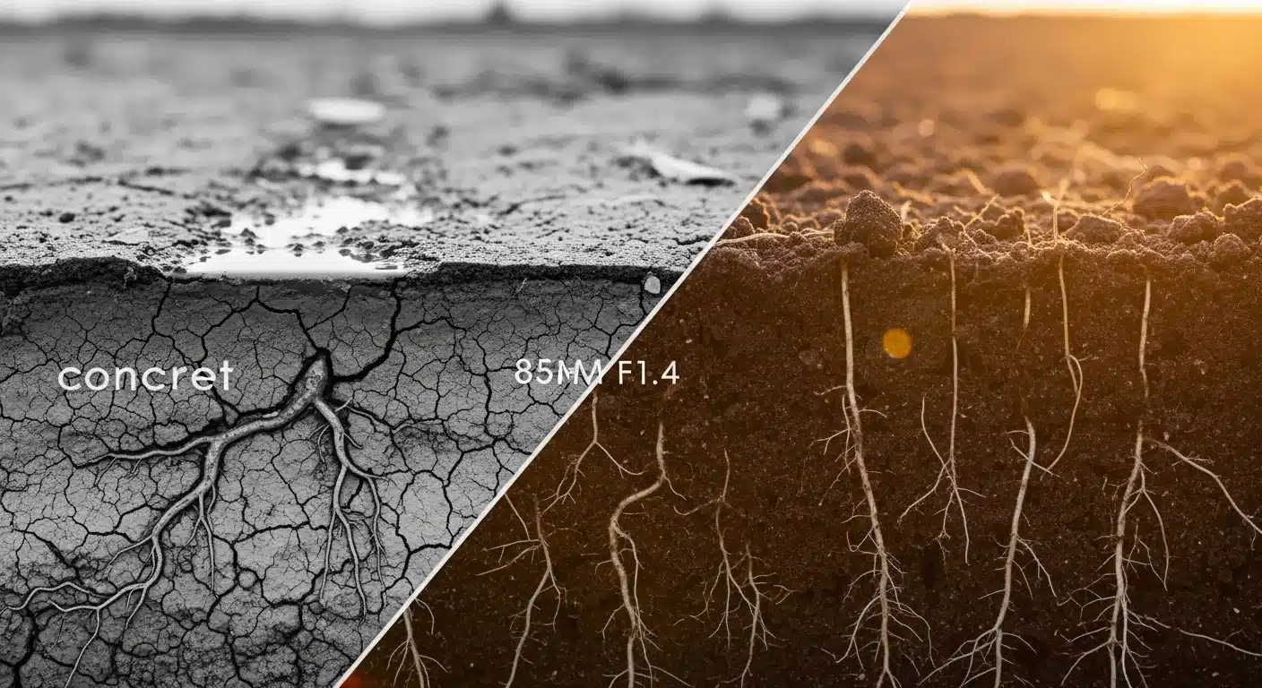 A split-screen comparison showing compacted clay vs porous soil using an Albrecht Base Saturation Calculator.