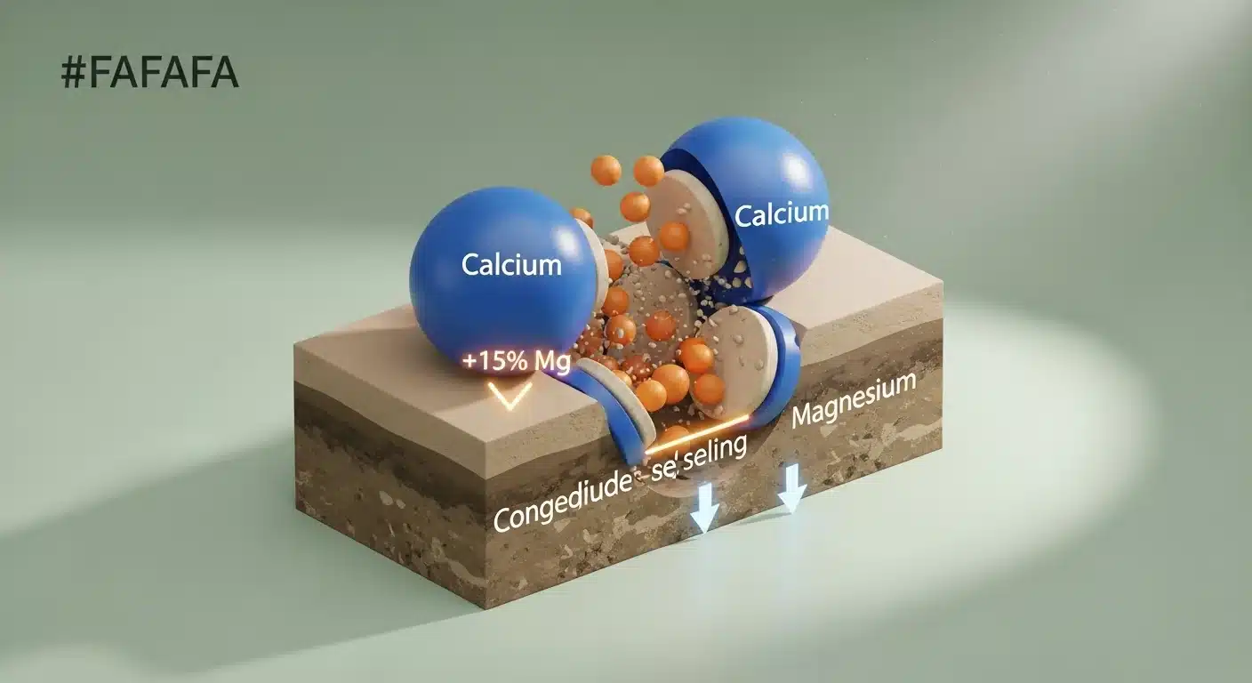 3D diagram of the Albrecht Base Saturation Calculator logic showing Calcium displacing Magnesium ions.