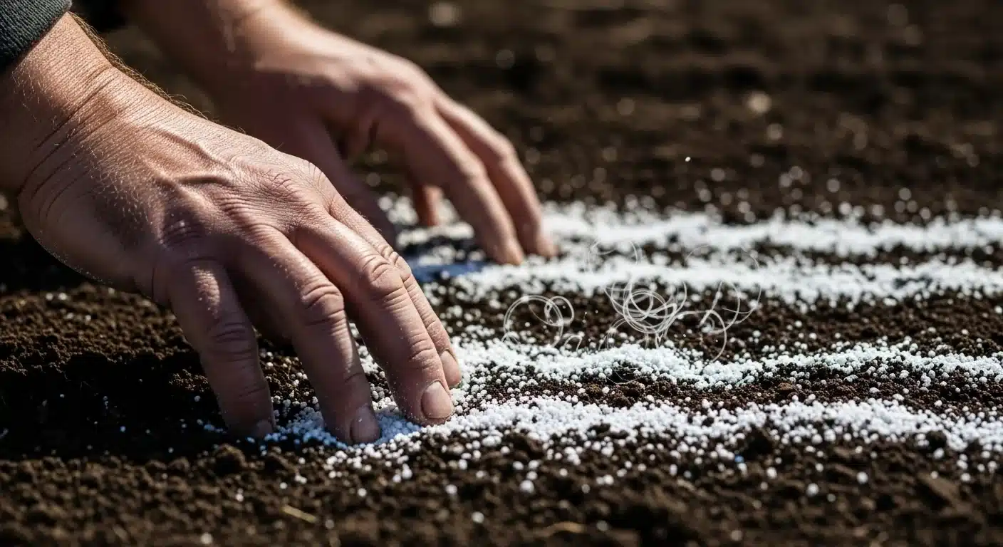 Gardener hands applying pelletized gypsum as recommended by the Albrecht Base Saturation Calculator.