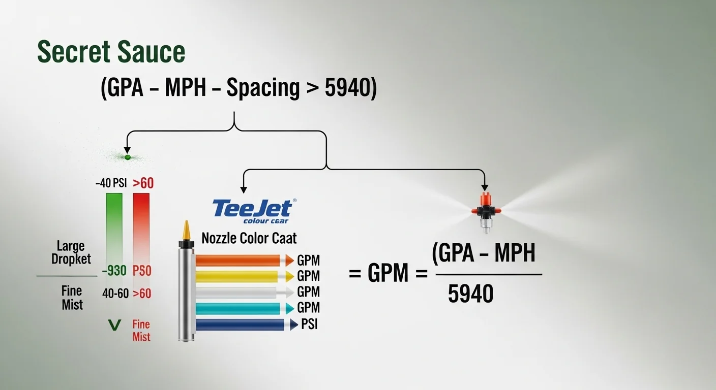 Boom sprayer calibration calculator logic showing GPM formula, TeeJet nozzle selection, and pressure drift thresholds