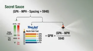 Boom sprayer calibration calculator logic showing GPM formula, TeeJet nozzle selection, and pressure drift thresholds