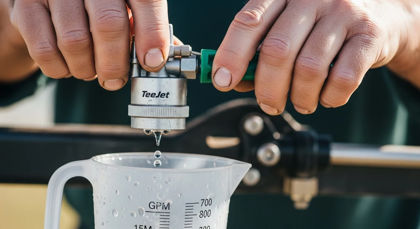 Hands performing jug test on boom sprayer nozzle after using calibration calculator for accurate GPM