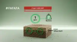 Technical 3D diagram showing the 2 lbs per acre boron conversion and safety limits.