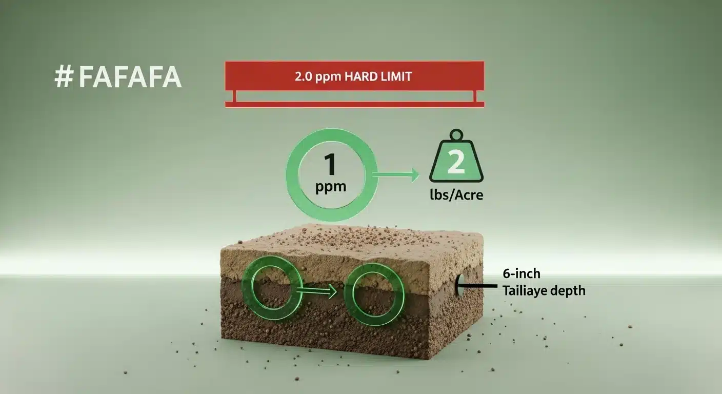 Technical 3D diagram showing the 2 lbs per acre boron conversion and safety limits.