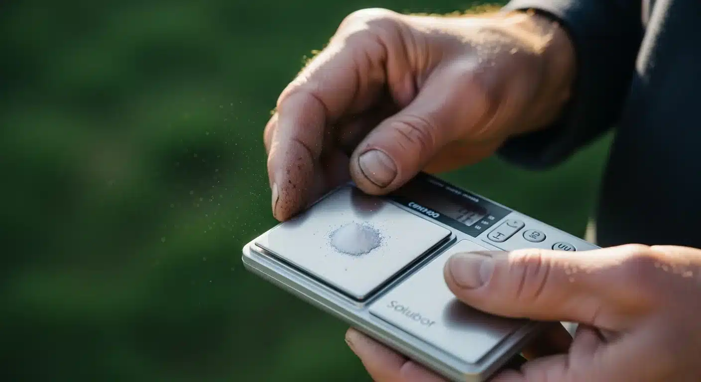 Close-up of hands weighing white boron fertilizer on a digital milligram scale for accuracy.