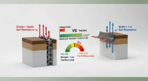 Box blade draft force calculator logic showing shank draft plus blade draft versus tractor traction limit