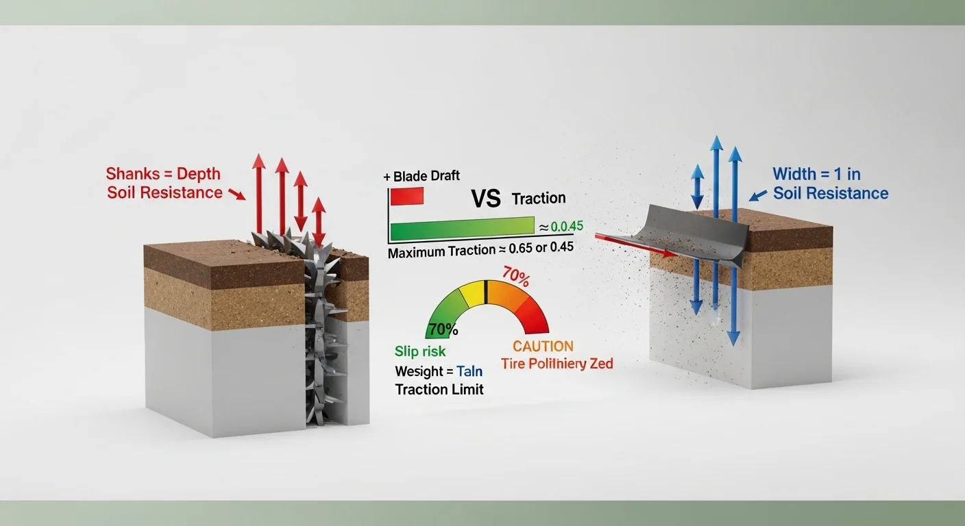Box blade draft force calculator logic showing shank draft plus blade draft versus tractor traction limit