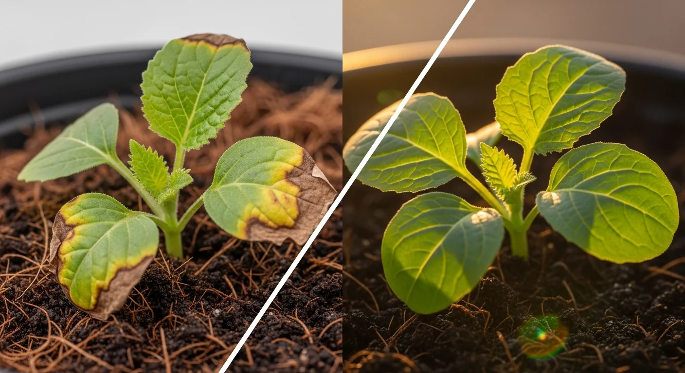 A Coco Coir Buffering Calculator comparison showing a dying seedling vs healthy buffered plant.