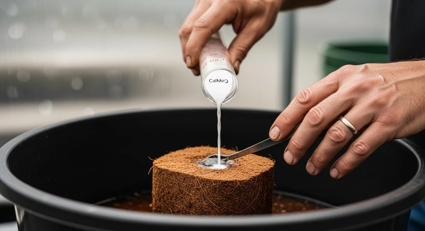 Hands pouring CalMag to buffer coco bricks using the Coco Coir Buffering Calculator.