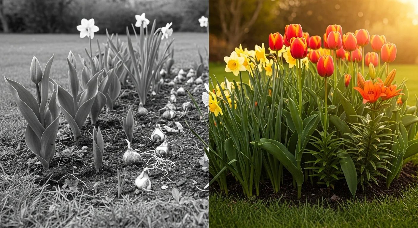 Failed shallow bulb planting versus successful deep planting with strong spring blooms