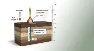 3D cross-section showing bulb height multiplied by 2.5 for correct planting depth with iris exception