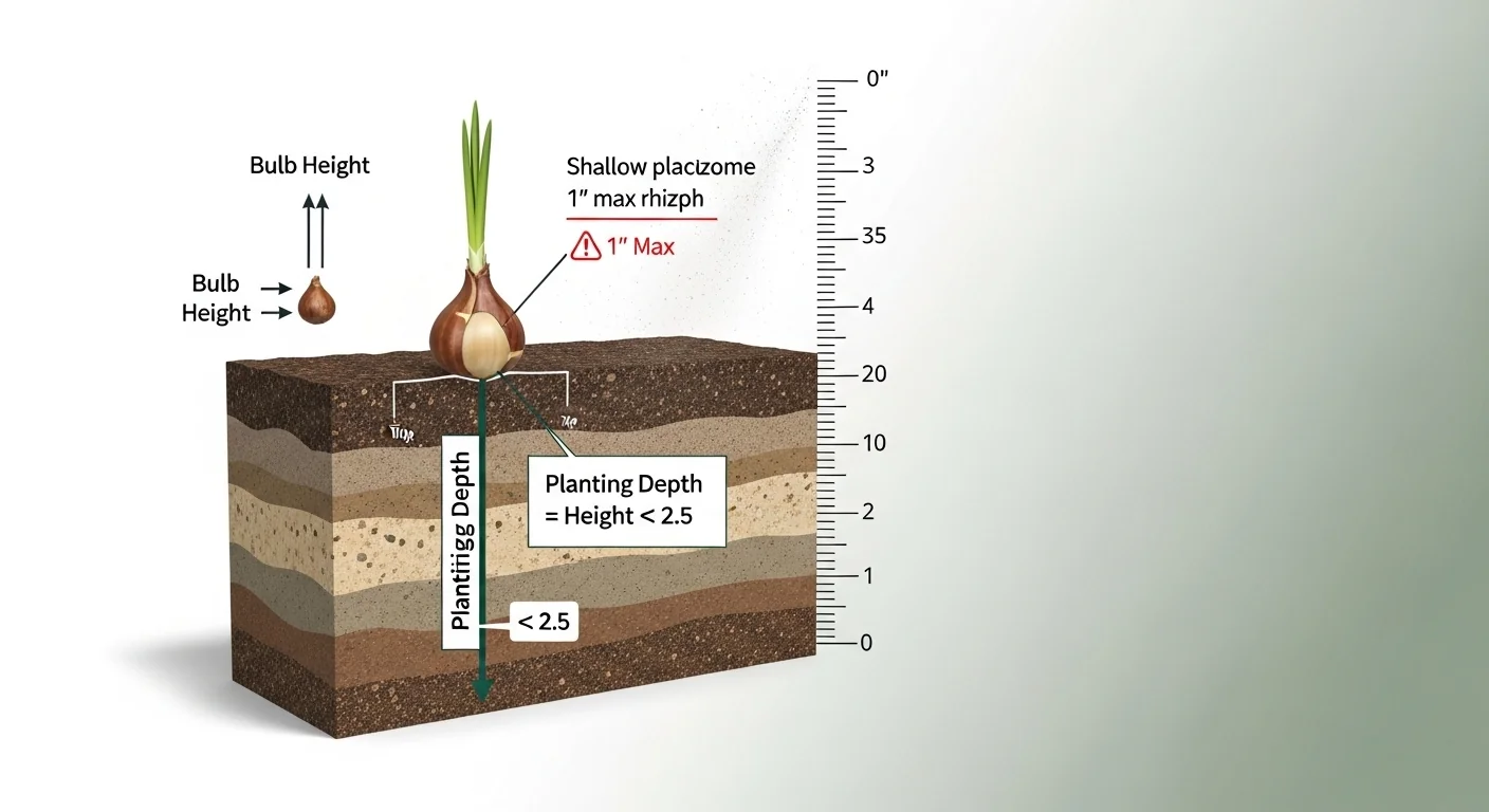 3D cross-section showing bulb height multiplied by 2.5 for correct planting depth with iris exception