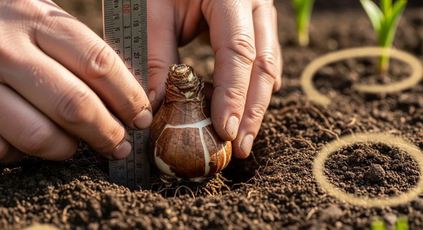 Gardener's hands planting a bulb at the precise depth calculated by the tool