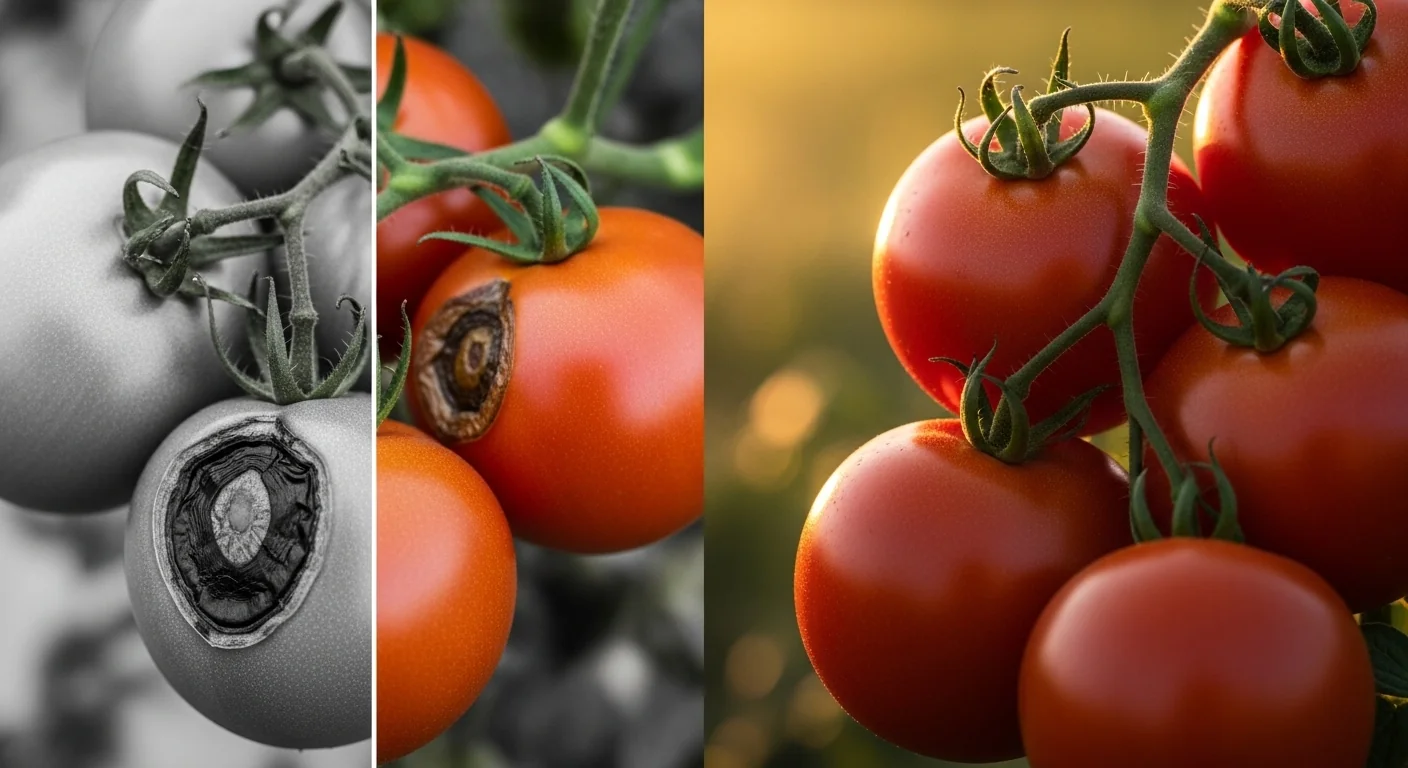 Side-by-side comparison of blossom end rot versus healthy tomatoes using a Cal-Mag Dosage Calculator.