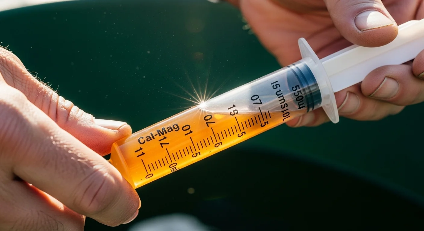Gardener measuring precise nutrient volume following the output of the Cal-Mag Dosage Calculator.