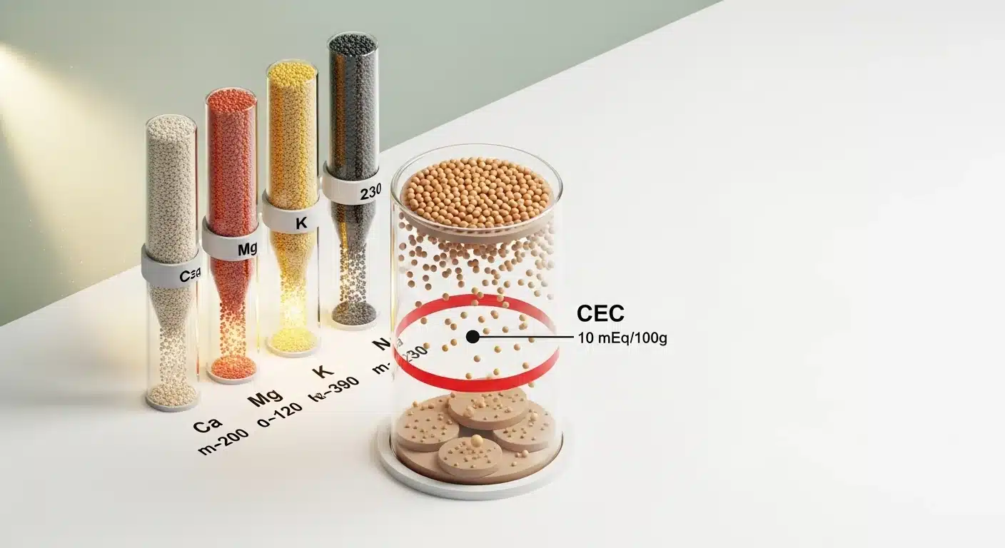 3D diagram showing CEC soil calculator ppm-to-mEq conversions and the ten mEq leaching threshold