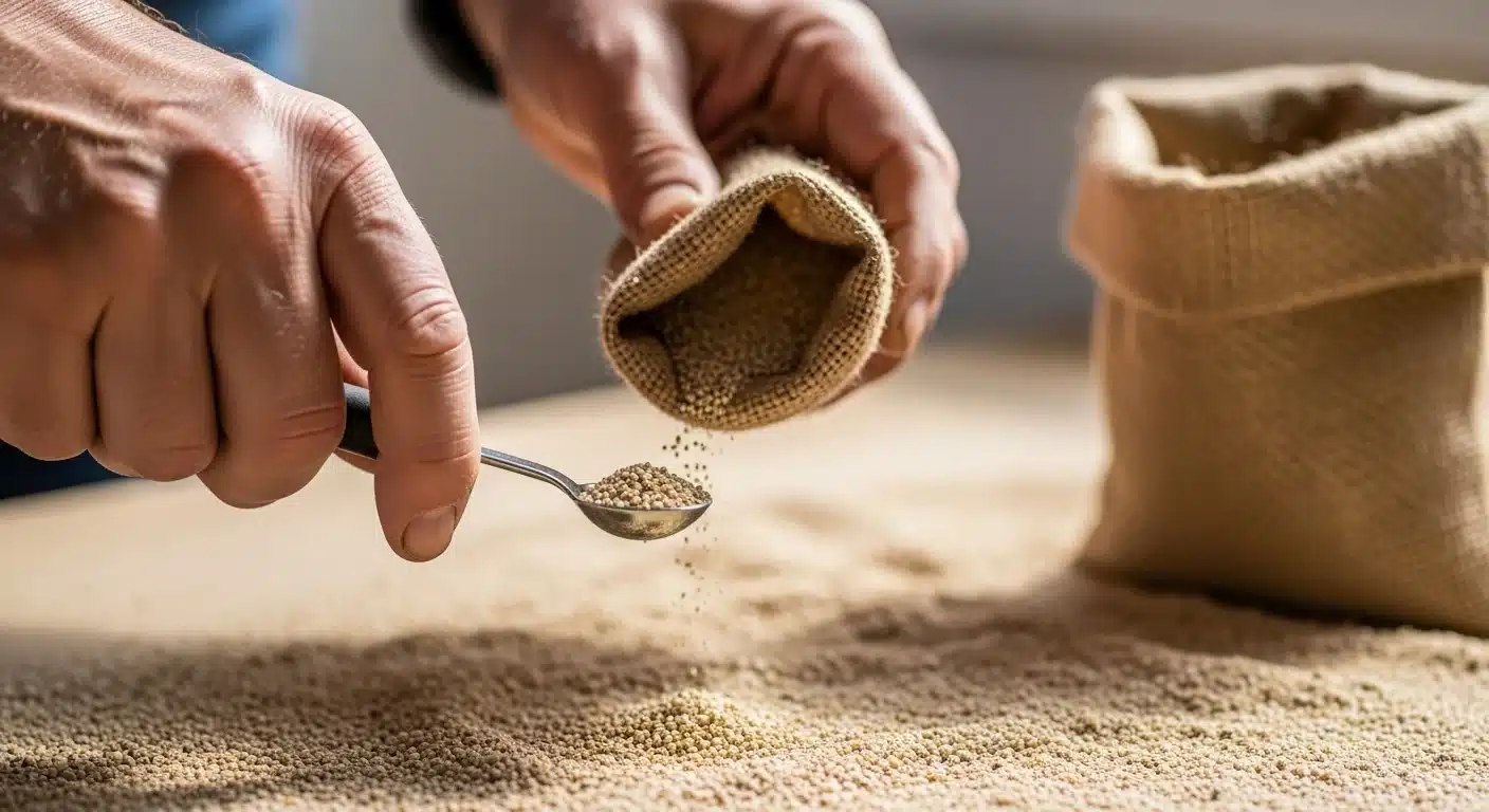 Weathered hands measuring a small fertilizer dose for CEC soil calculator spoon-feed protocol