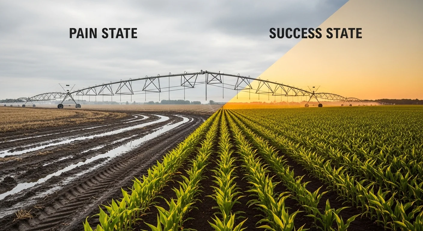 Center pivot irrigation calculator showing runoff damage versus perfect uniform application in corn field