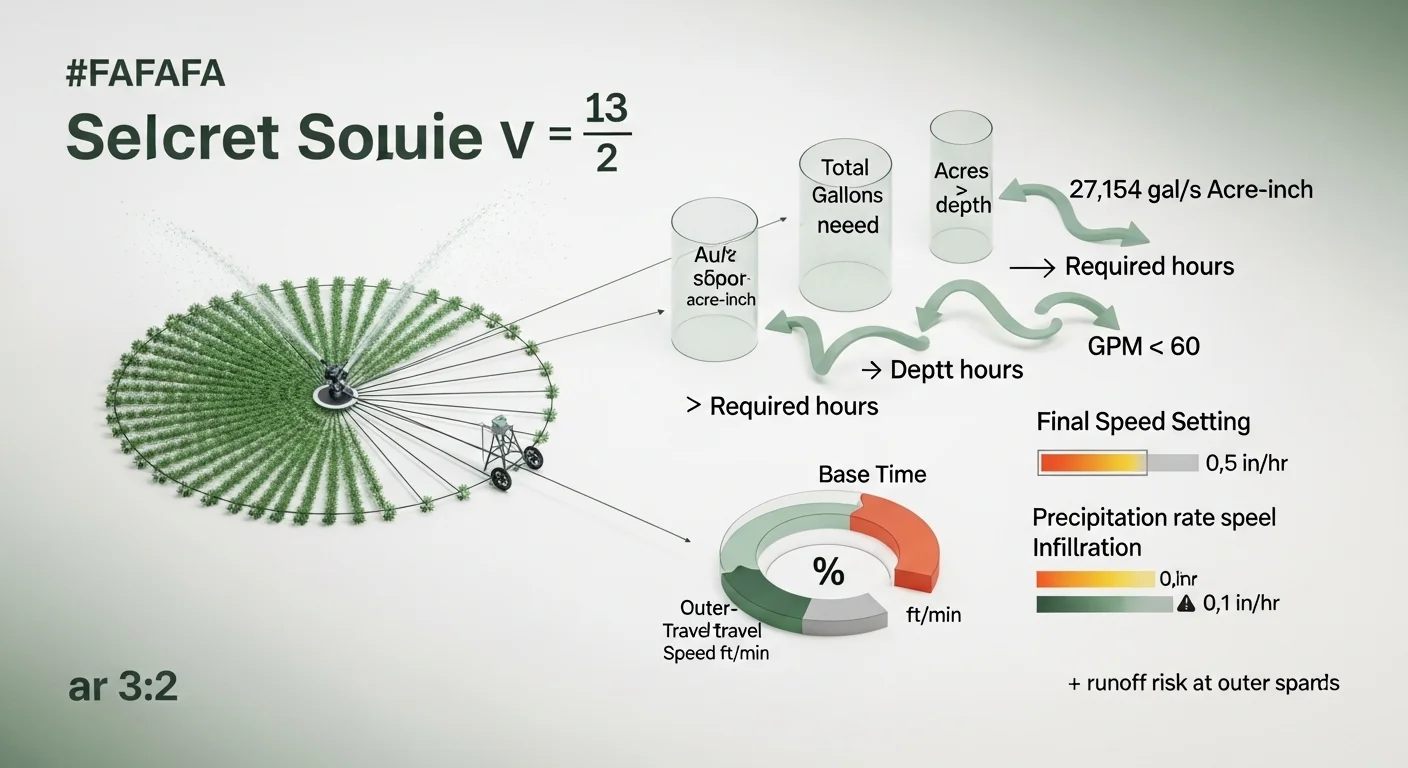 Center pivot irrigation calculator secret sauce showing rotation hours, speed percentage, and outer-tower runoff risk math