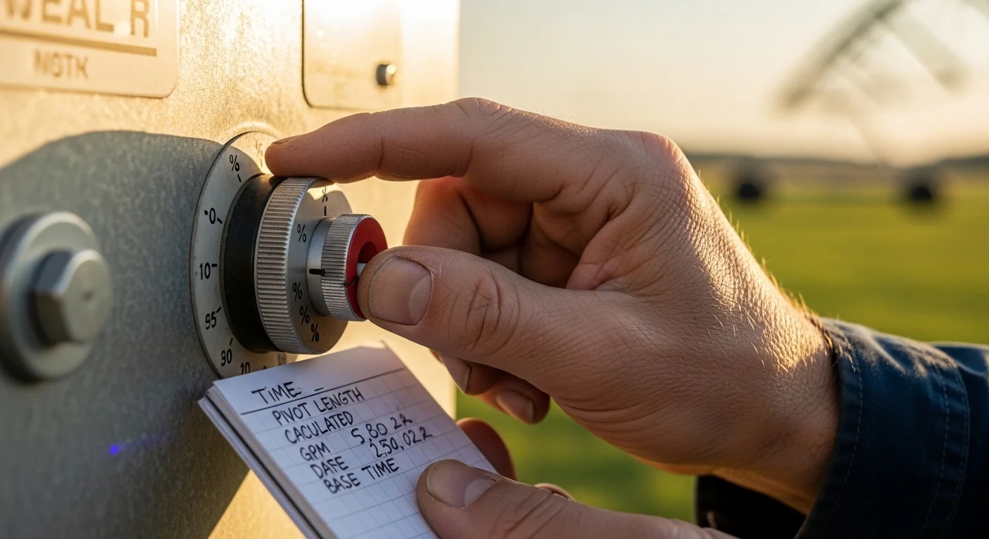 Center pivot irrigation calculator in action as farmer sets exact speed percentage on control panel
