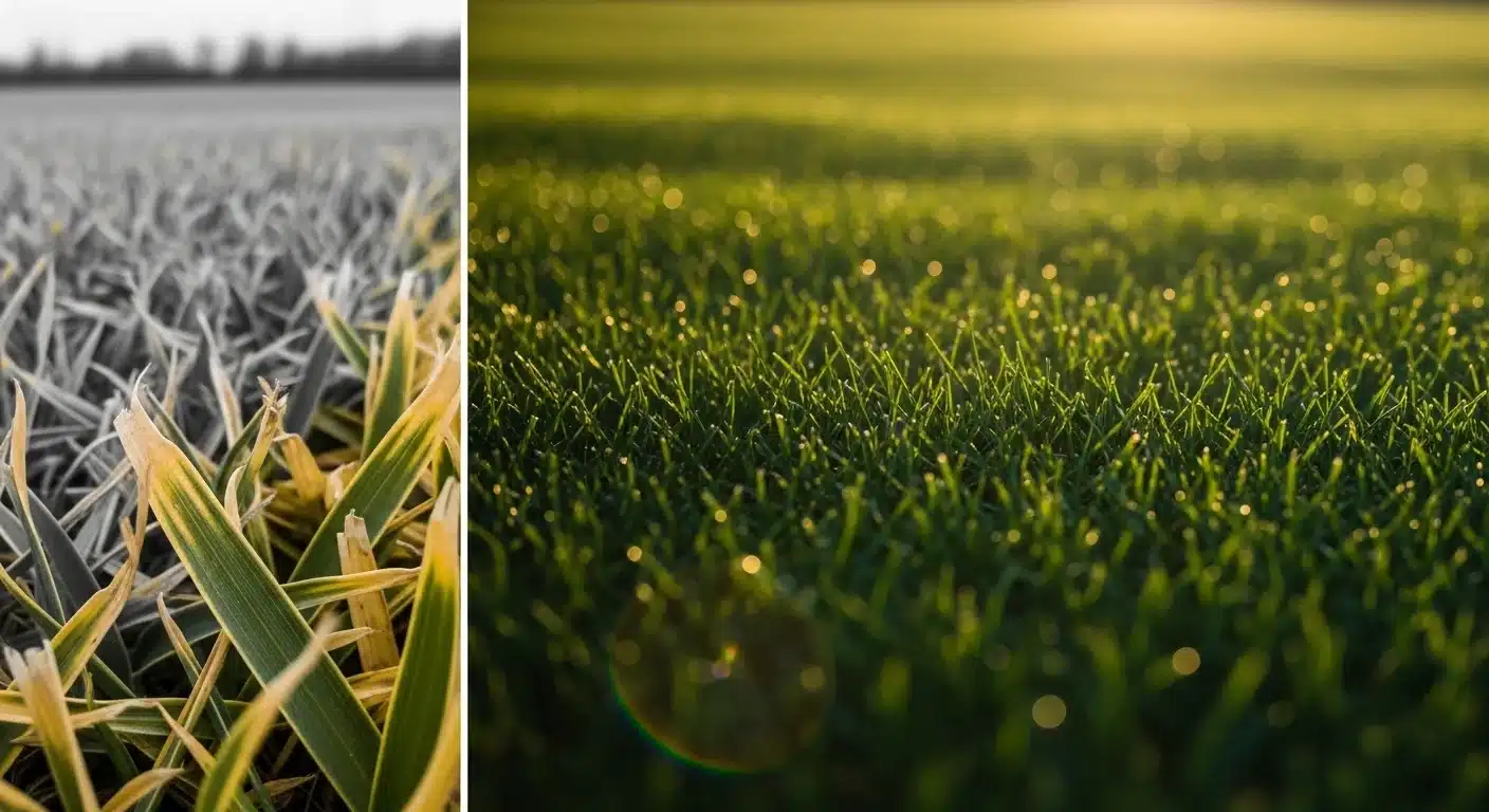 Side-by-side comparison of yellow chlorotic grass and healthy green turf using Chelated Iron for Lawns Calculator.