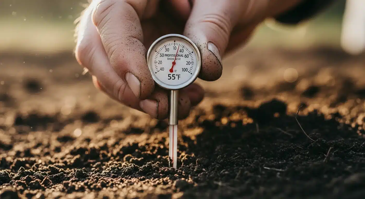 Gardener measuring soil temperature at 3-inch depth for the Chelated Iron for Lawns Calculator.