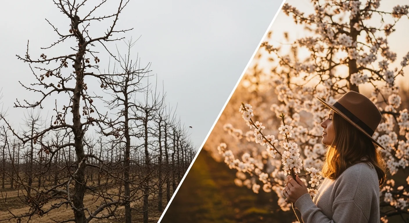 Side-by-side comparison of a failed barren tree versus a successful blooming Chill Hours Calculator match.