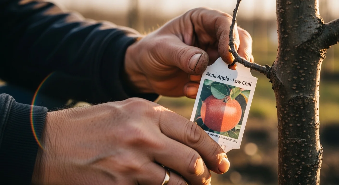Close-up of gardener holding a low-chill variety tag verified by the Chill Hours Calculator.