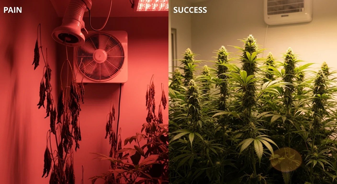 A split screen showing a heat-stressed garden versus a healthy room using a CO2 Burner Heat Calculator.