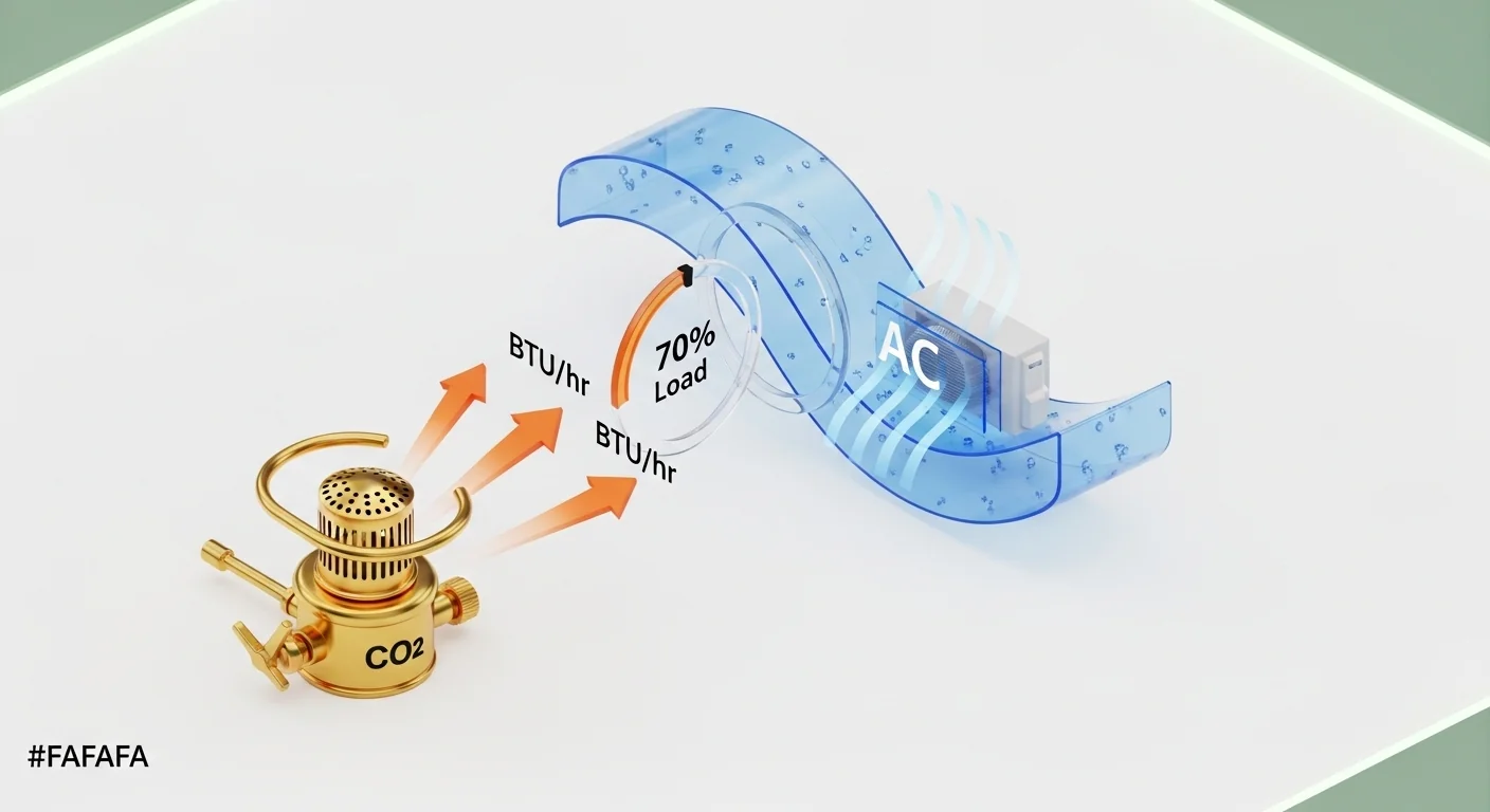 3D technical diagram of heat vs cooling balance found in the CO2 Burner Heat Calculator.