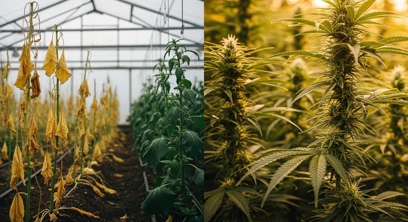 A split-screen showing wilted plants vs lush growth managed by a CO2 Tank Duration Calculator.