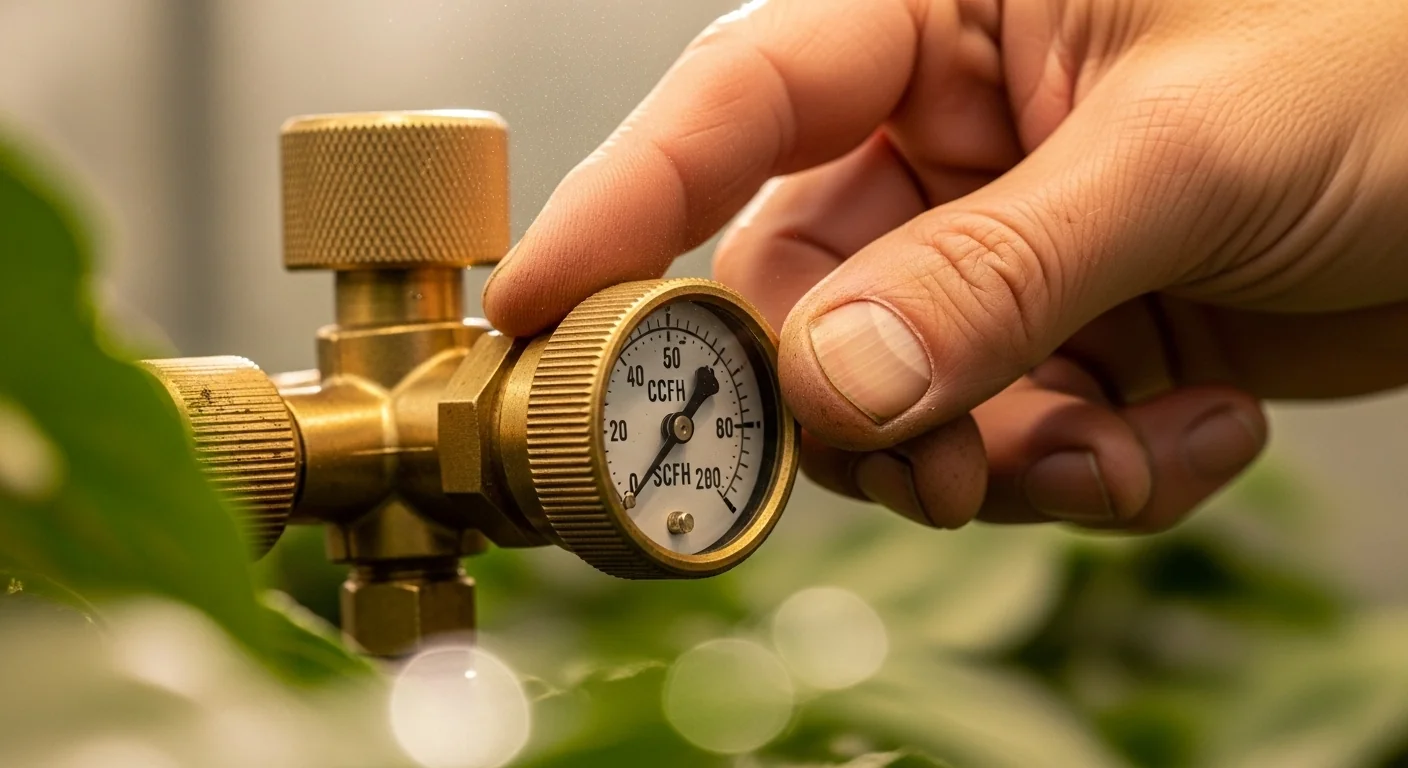 Close-up of hands adjusting a regulator after using the CO2 Tank Duration Calculator.