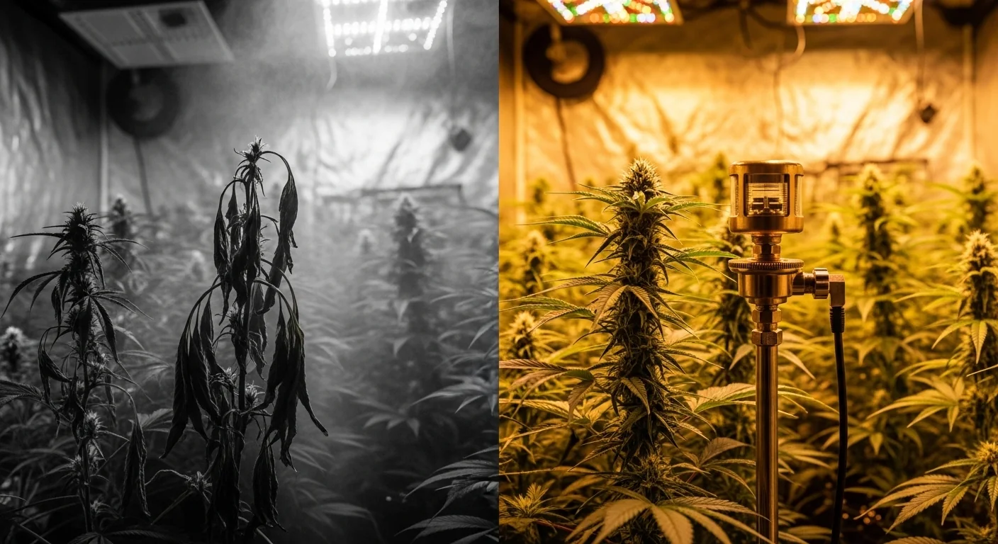 Split screen showing stressed plants in dark vs healthy plants using CO2 Tank Duration Calculator.