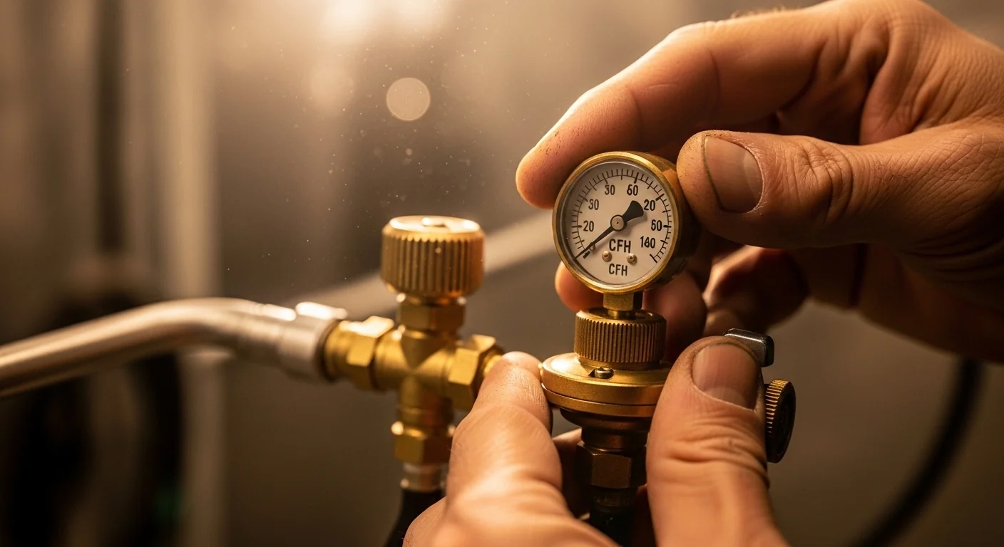 Close up of hands setting a regulator for the CO2 Tank Duration Calculator.