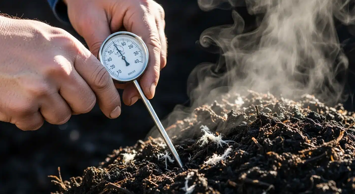 Weathered hands inserting probe thermometer into steaming compost