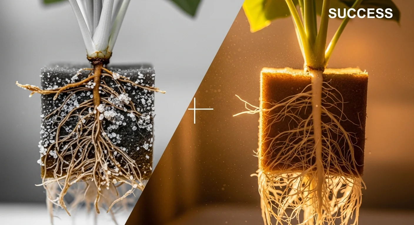 Side-by-side comparison of salt-damaged roots versus healthy roots using a Crop Steering Calculator.