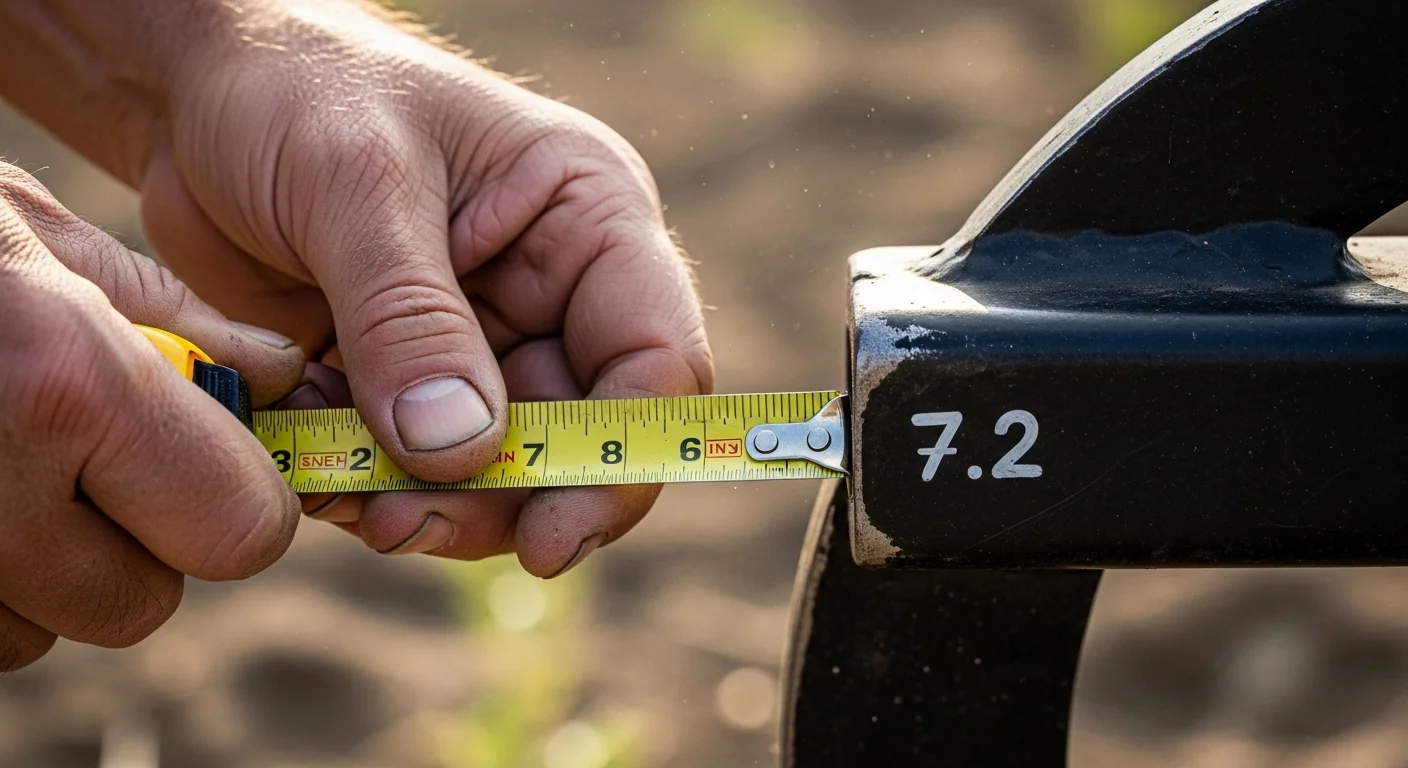 Hands measuring shank positions on a toolbar after using the Cultivator Sweep Spacing Calculator.