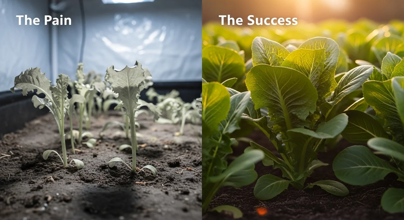 Side-by-side comparison of weak seedlings versus lush lettuce using a Daily Light Integral Calculator.