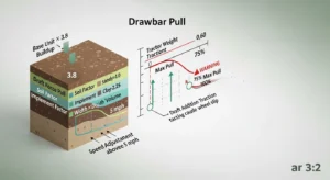 3D diagram showing draft force calculation versus tractor traction limit and wheel slip threshold