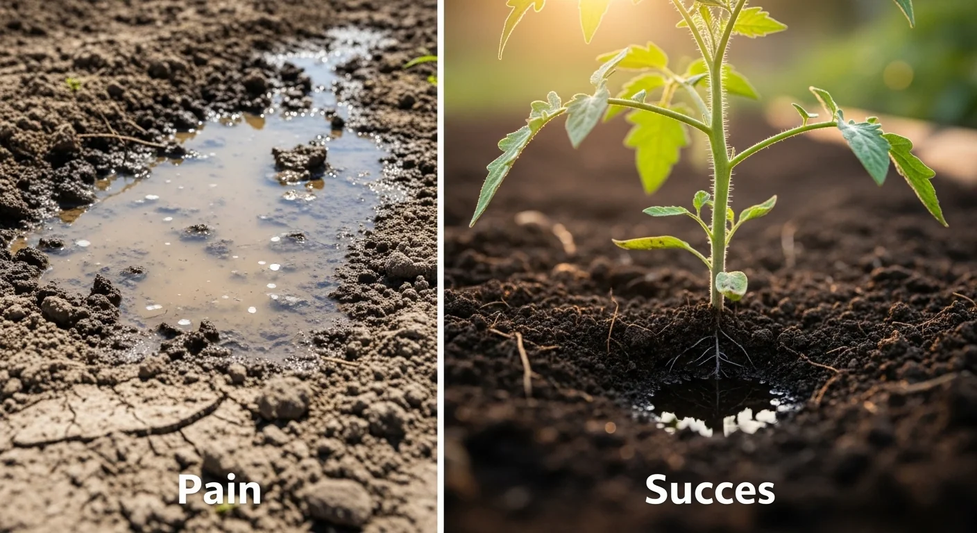 Split screen showing water runoff on clay versus deep absorption using the drip irrigation run time calculator.