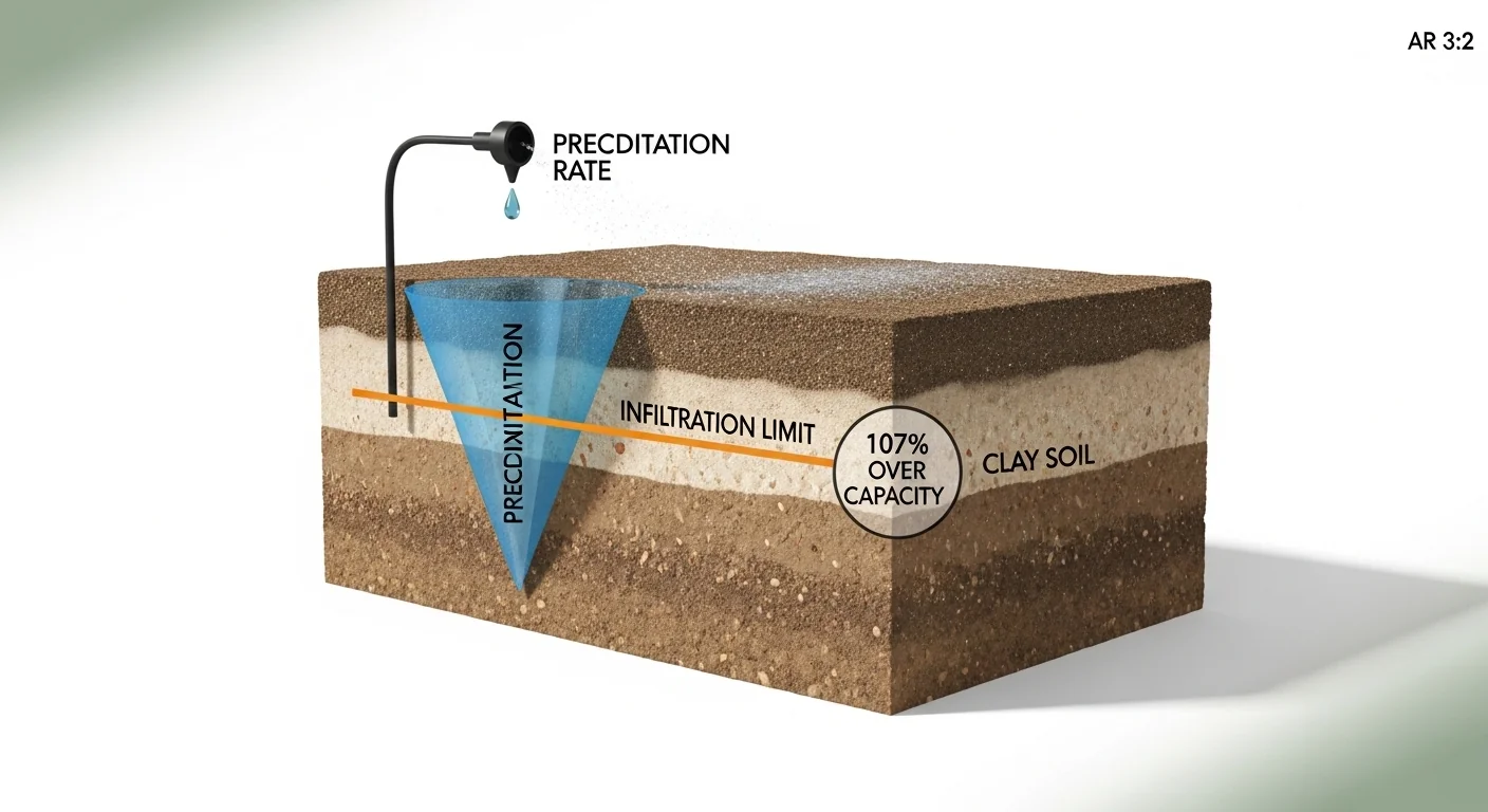 3D diagram explaining how the drip irrigation run time calculator matches precipitation to soil infiltration.