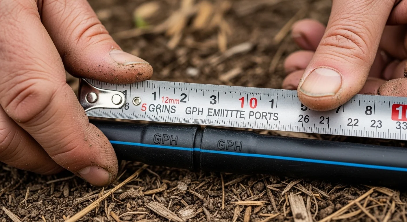 Gardener measuring emitter spacing to input into the drip irrigation run time calculator for accurate scheduling.