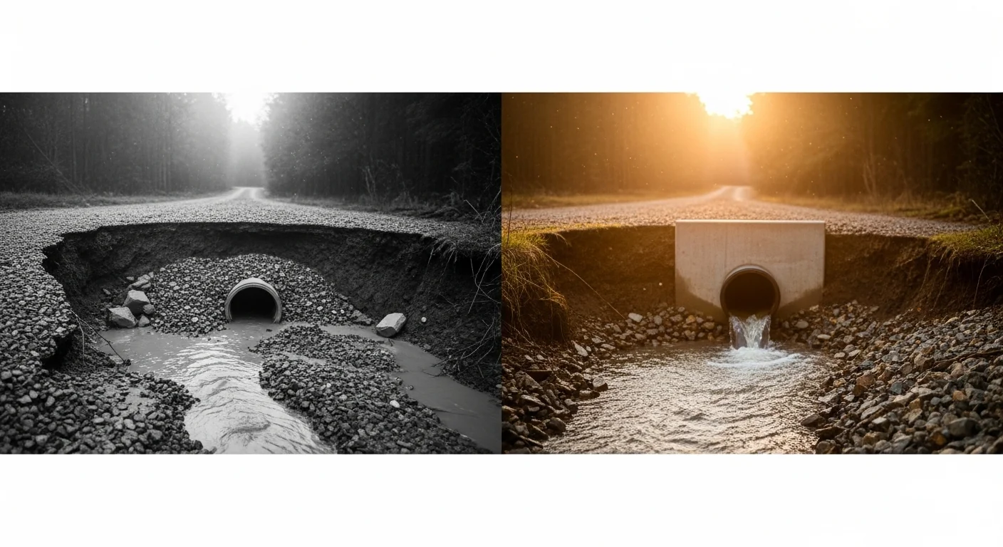 Side-by-side comparison of a washed-out driveway versus a correctly sized culvert pipe installation.
