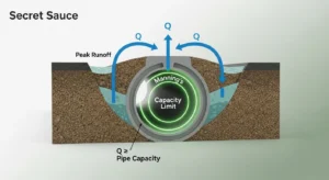Technical diagram showing peak runoff flow compared to pipe hydraulic capacity for culvert sizing.
