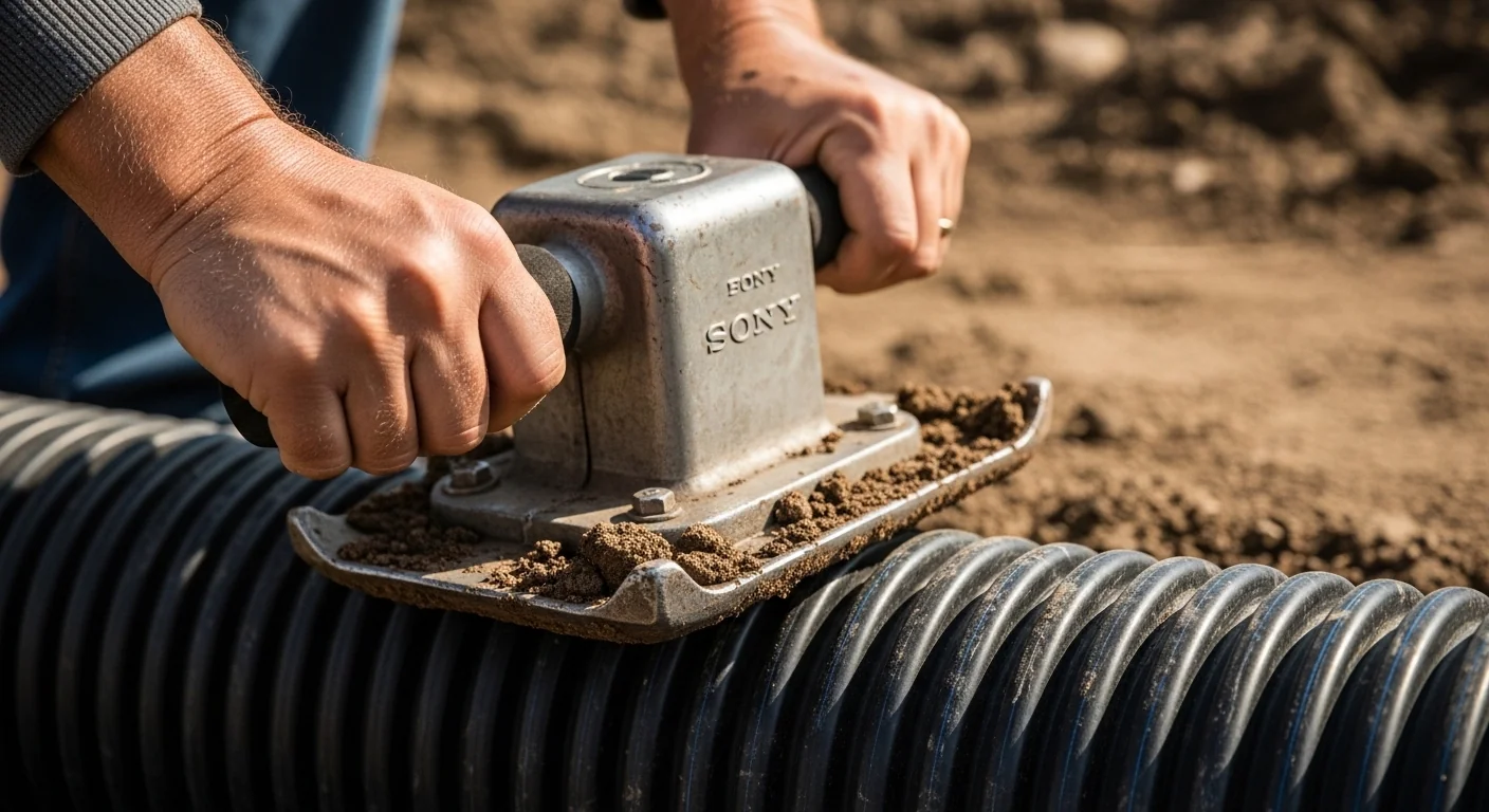 Hands using a manual soil tamper to compact bedding around a driveway culvert pipe.