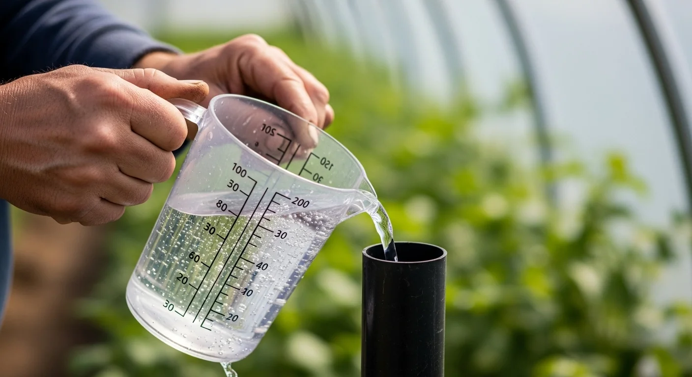Gardener measuring hydroponic drain water to verify results from the Dutch Bucket Drip Runoff Calculator.