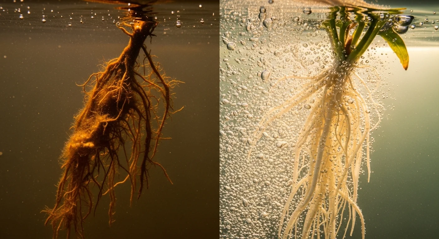 Side-by-side comparison of root rot versus healthy white roots using a DWC Air Pump Calculator.