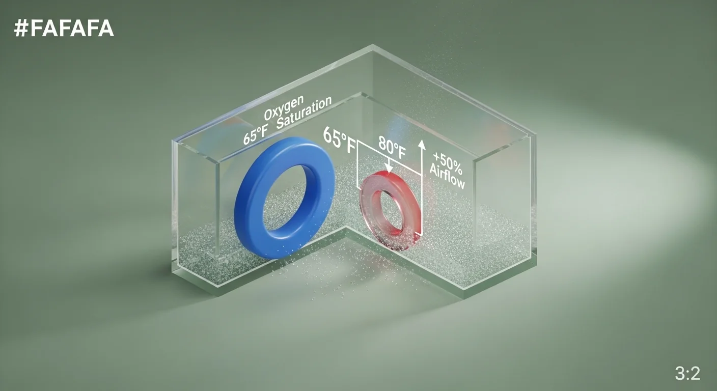 3D diagram explaining how the DWC Air Pump Calculator accounts for temperature-based oxygen saturation limits.