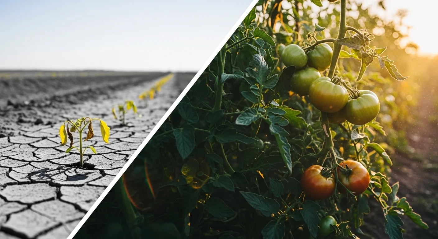 Side-by-side comparison of a wilting plant versus healthy crops using an Evapotranspiration Calculator.